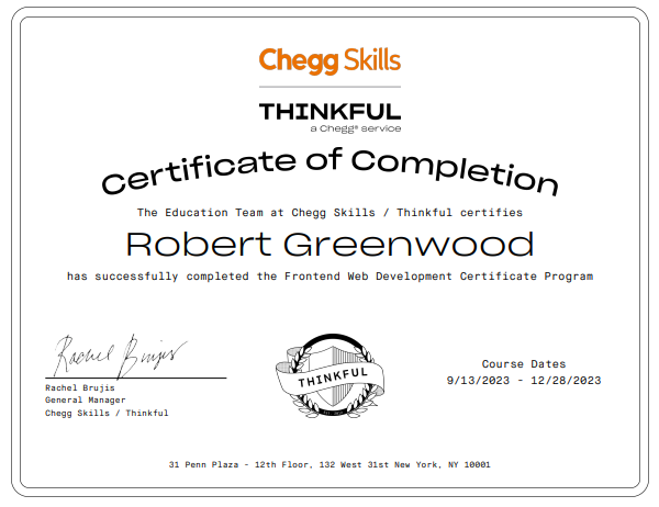 Thinkful Front-end Web Development Bootcamp Certificate